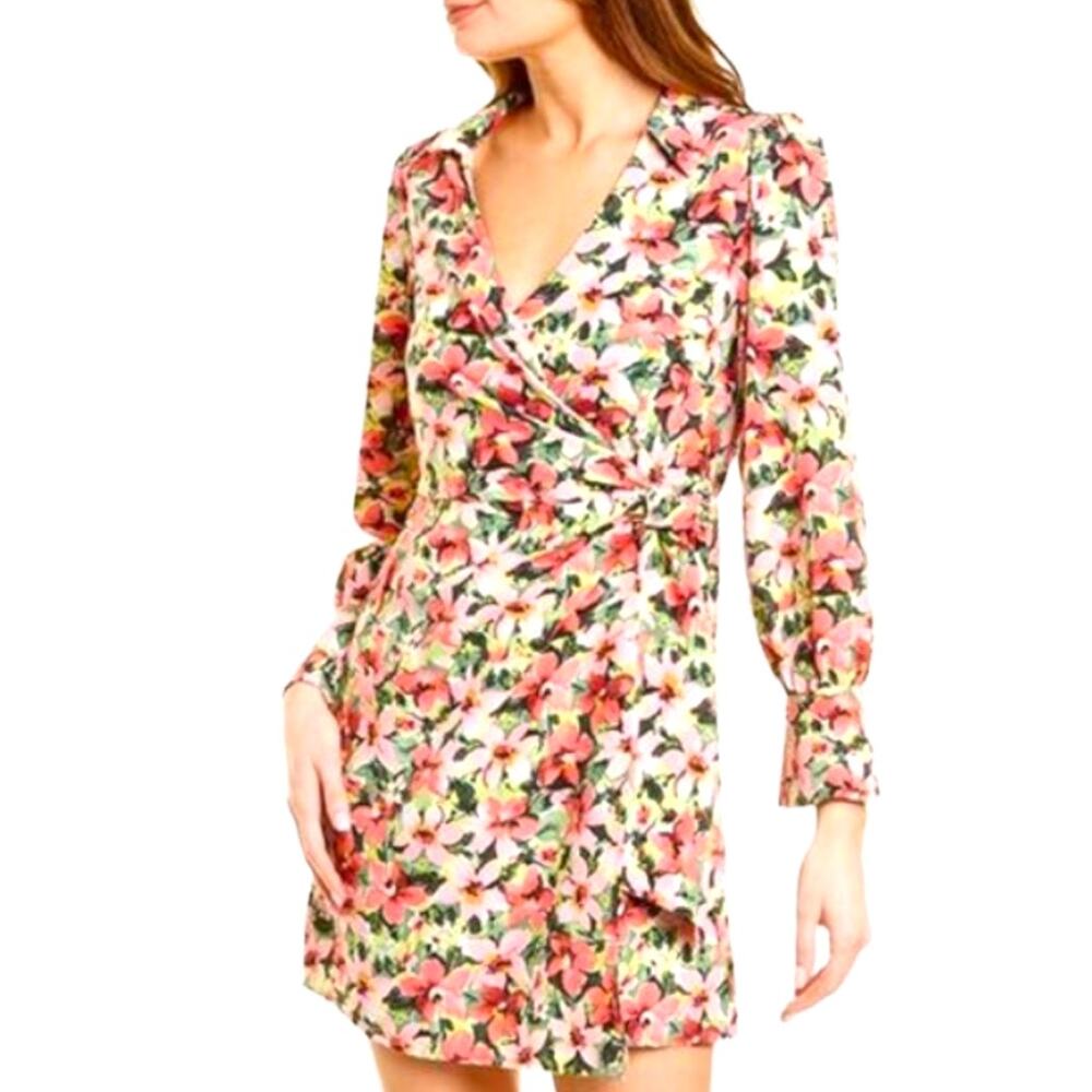 Anna Kay Women's Floral Long Sleeve Mini Wrap Dress short business casual SZ 1